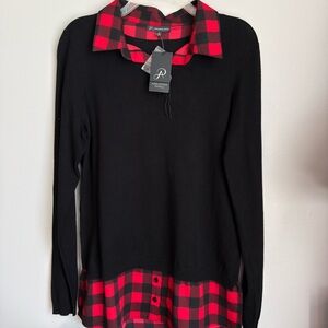 NWT Adrianna Papell Buffalo Plaid Faux Layer Sweater Long Sleeve Top